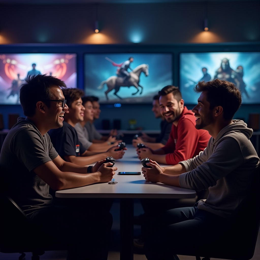Diverse group of gamers engaged in animated discussion about video games, sharing opinions and experiences in a modern gaming lounge with multiple screens displaying various game titles