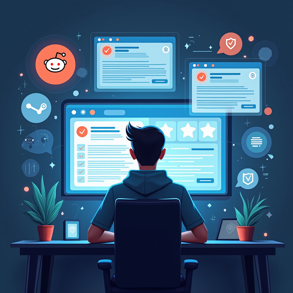A conceptual illustration showing a gamer at a computer screen with overlapping transparent layers of Reddit and Steam review interfaces, community icons, and trust symbols like shields and checkmarks, representing the psychological factors of social proof and authenticity in gaming communities
