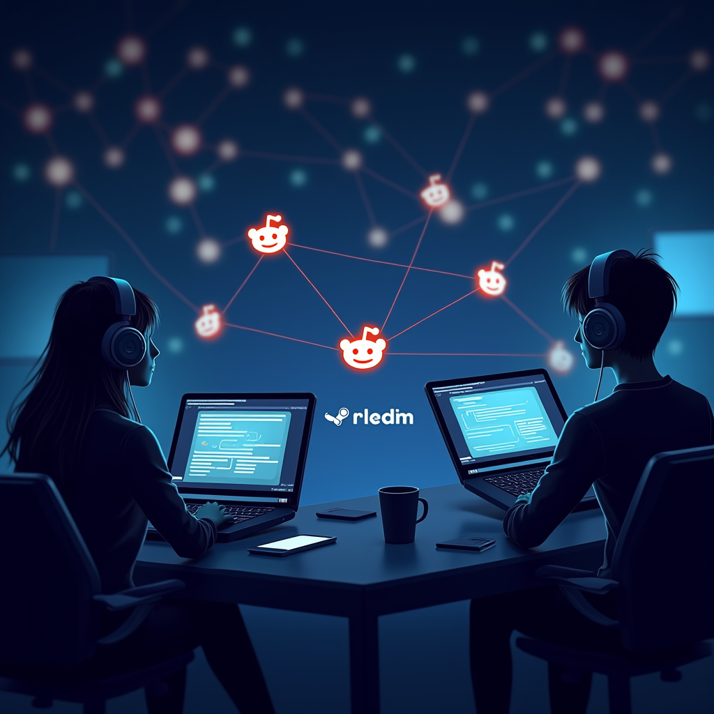 Conceptual illustration showing gamers connected through digital networks, with Reddit and Steam logos subtly integrated, representing community-driven trust and social proof in gaming platforms