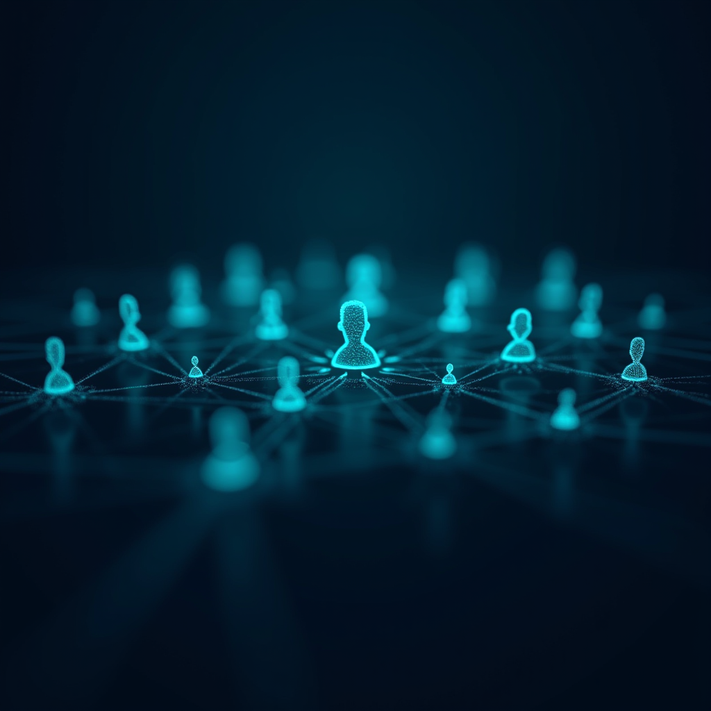 Abstract visualization showing interconnected gaming community members with glowing connection lines between user avatars, representing the network of trust in gaming communities. Dark navy blue background with teal accent highlights showing data streams and review connections.