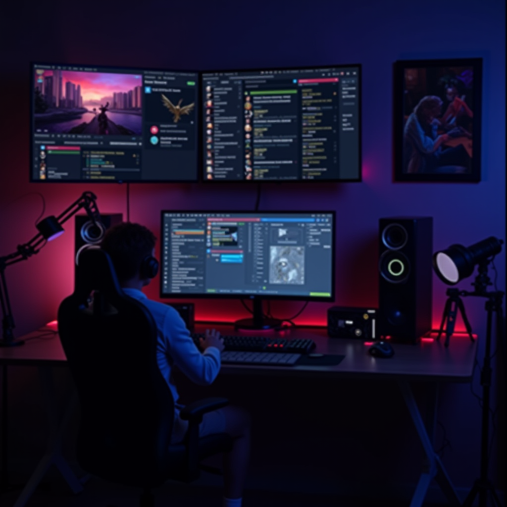 Professional gaming content creator streaming setup with multiple monitors displaying gameplay, chat interface, and streaming software, RGB lighting creating an immersive atmosphere, high-quality microphone and camera equipment visible, representing the authentic connection between streamers and their audience