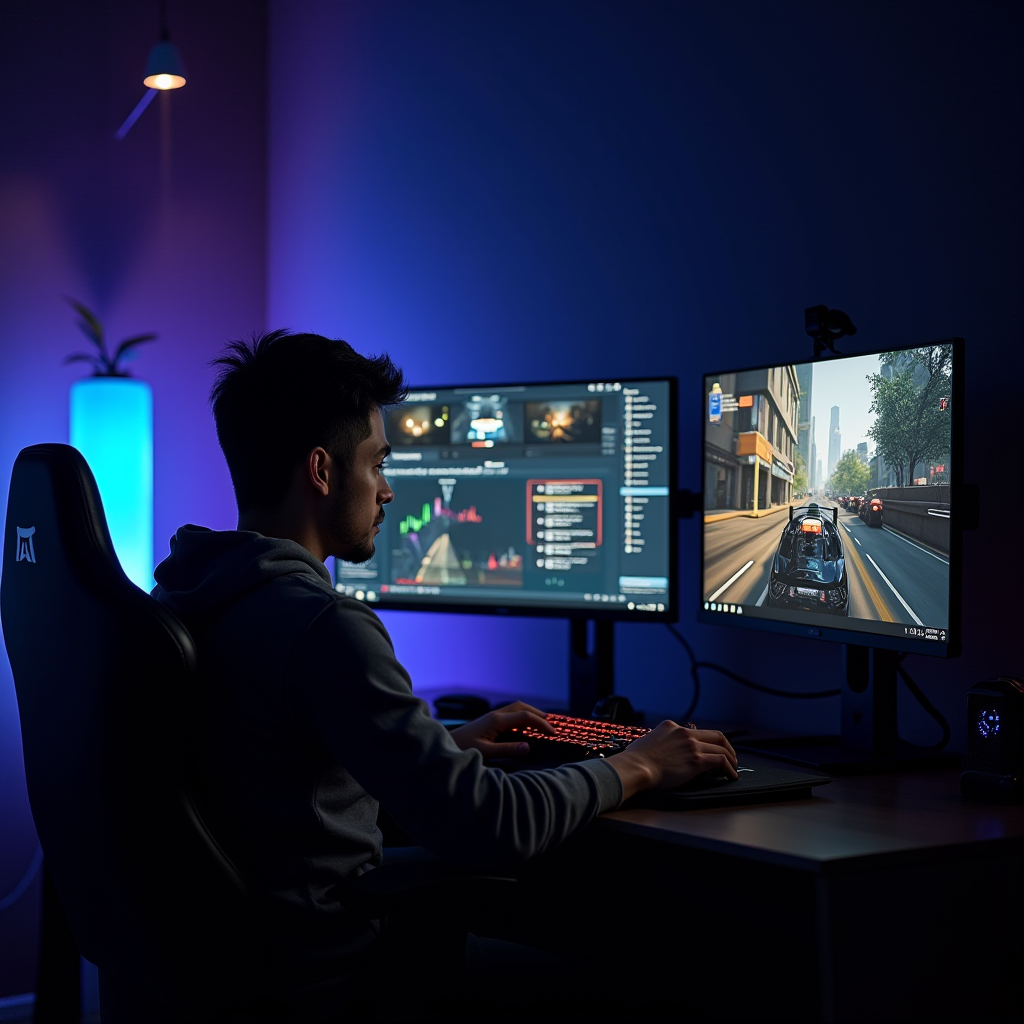 Dedicated gamer sitting at an illuminated gaming setup with multiple monitors, typing a detailed game review while referencing gameplay footage and notes, showcasing the commitment players put into creating helpful content for their community