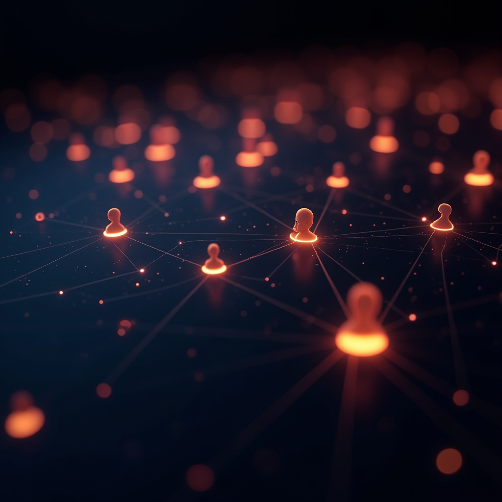Abstract visualization of interconnected nodes representing gaming community trust networks, with glowing connections between player avatars and review platforms like Steam and Reddit