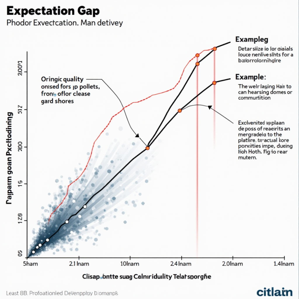 Detailed infographic showing the expectation gap phenomenon with two diverging lines representing player expectations versus actual game delivery, annotated with specific examples from Death Stranding and No Man's Sky, featuring data points and community reaction indicators