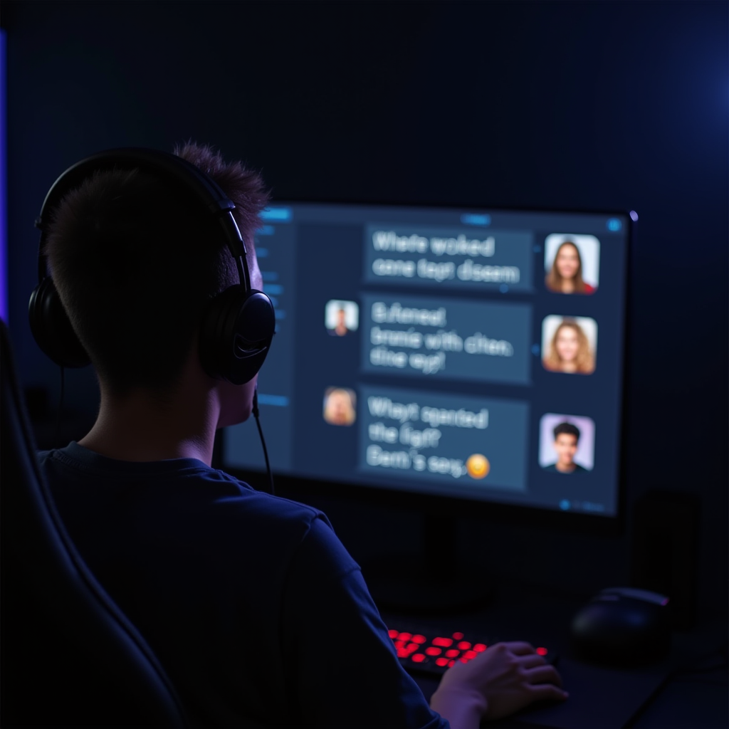Gaming content creator actively engaging with live chat during gameplay stream, multiple chat messages visible on screen showing real-time community interaction, streamer's genuine emotional reactions to both game events and viewer comments, illustrating the two-way relationship between creators and their audience