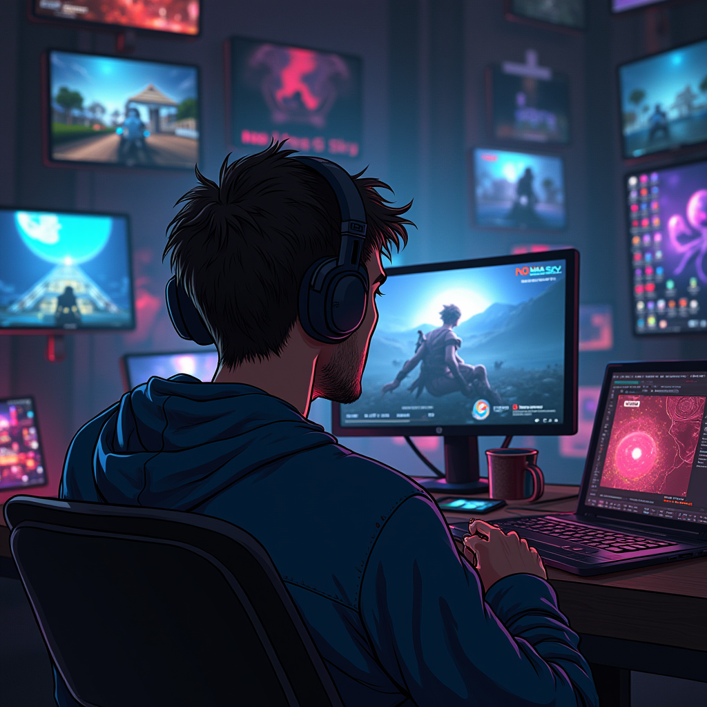 A dramatic illustration depicting a gamer looking skeptically at flashy game marketing materials and pre-release trailers, with faded images of Cyberpunk 2077 and No Man's Sky in the background, while in the foreground community review platforms glow with trusted authenticity