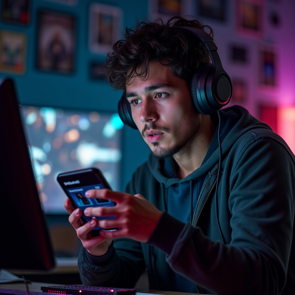 Visual metaphor showing a gamer looking skeptically at flashy marketing materials while holding a smartphone displaying community reviews, representing the shift from marketing trust to peer validation