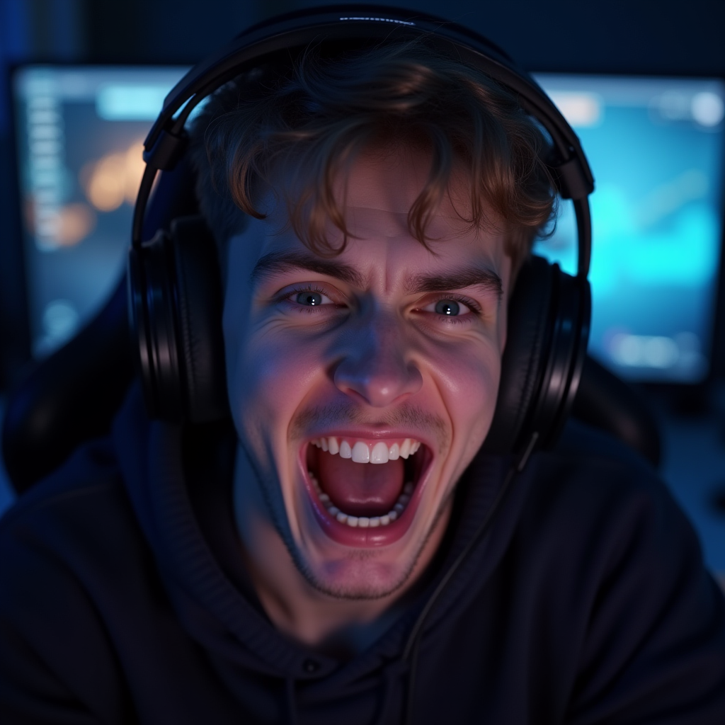 Content creator displaying authentic emotional reaction during intense gaming moment, facial expression showing genuine surprise and excitement, unscripted moment captured during live stream, representing the raw authenticity that builds viewer trust