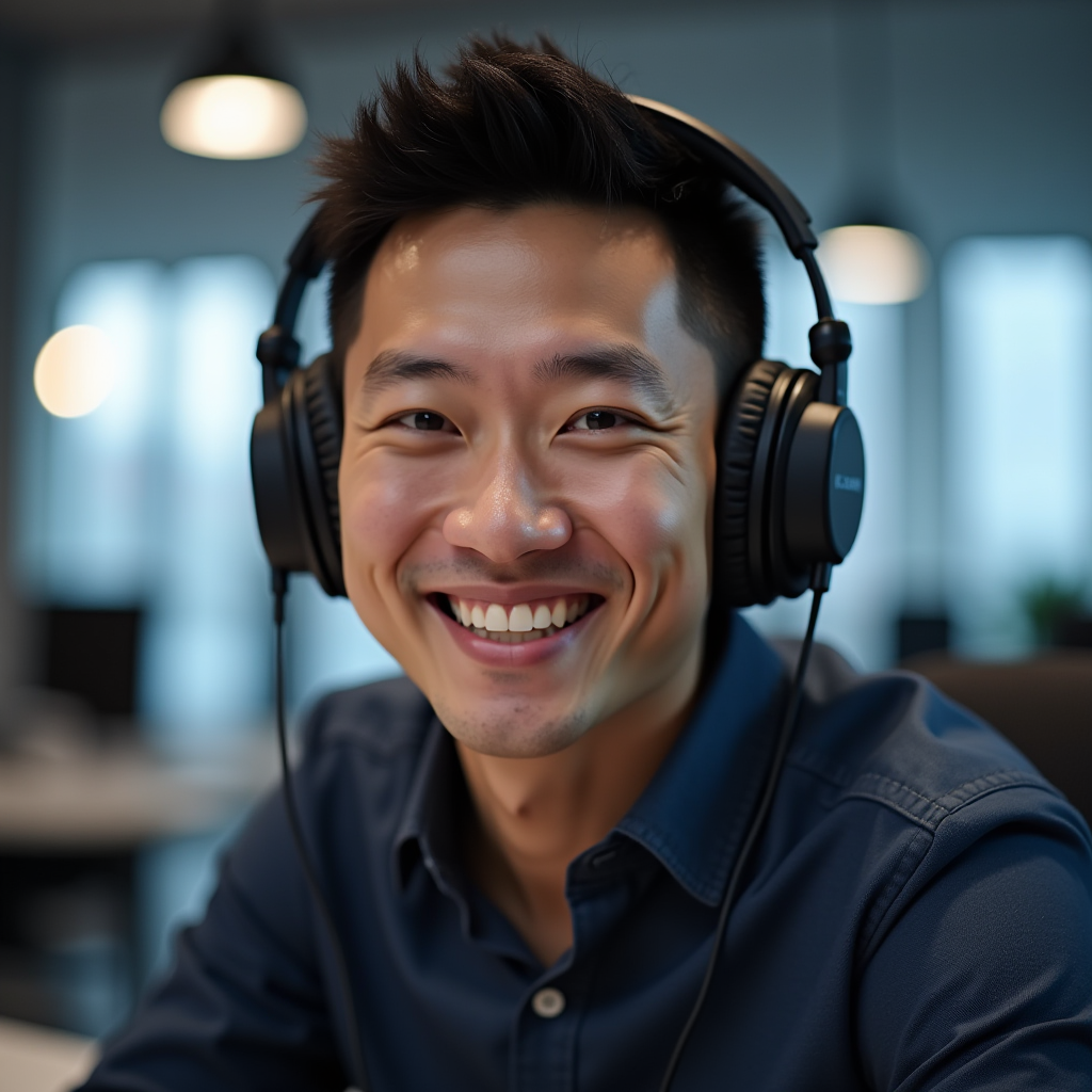 Marcus Chen, founder and lead analyst, wearing gaming headset and smiling confidently at camera in modern office setting