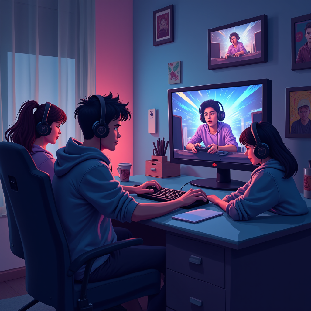 Illustration of a popular gaming content creator streaming gameplay with engaged viewers, showing authentic reactions and unedited footage, symbolizing parasocial relationships and transparency in gaming media