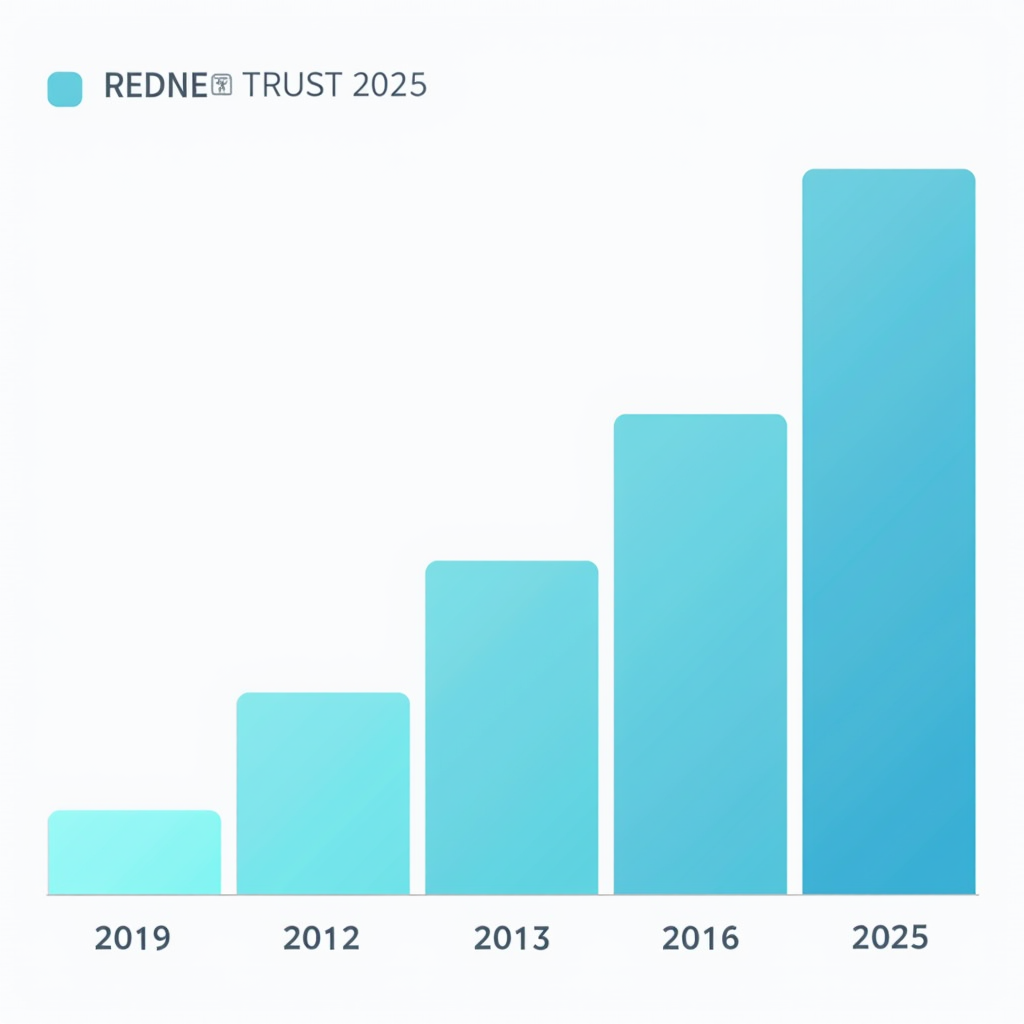 Infographic showing declining trust in gaming journalism over time from 2015 to 2025, with a corresponding rise in community review platform usage. Bar chart with navy blue bars for traditional media declining and teal bars for community platforms rising.