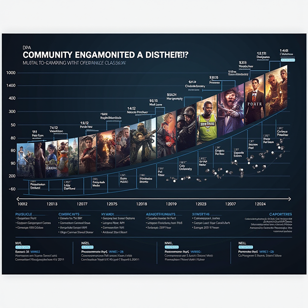 Detailed timeline graph showing community engagement patterns over 24 months, comparing universally acclaimed games versus mixed review cult classics, with engagement spikes marked during controversy periods and community events