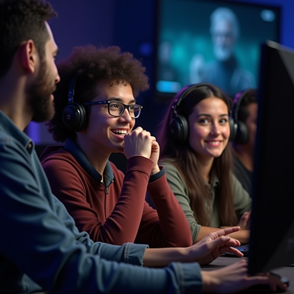 Diverse group of gamers engaged in animated discussion about games, showing community members sharing opinions and experiences, representing the peer-to-peer nature of gaming discourse and shared identity among players