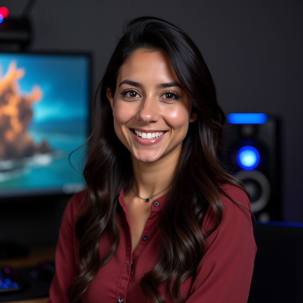 Sarah Rodriguez, community psychology researcher, professional portrait with gaming memorabilia in background