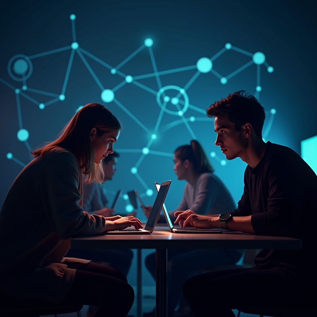 Conceptual image of gamers collaborating on reviews and guides, with interconnected nodes representing community knowledge sharing, reciprocal altruism, and social identity in gaming communities