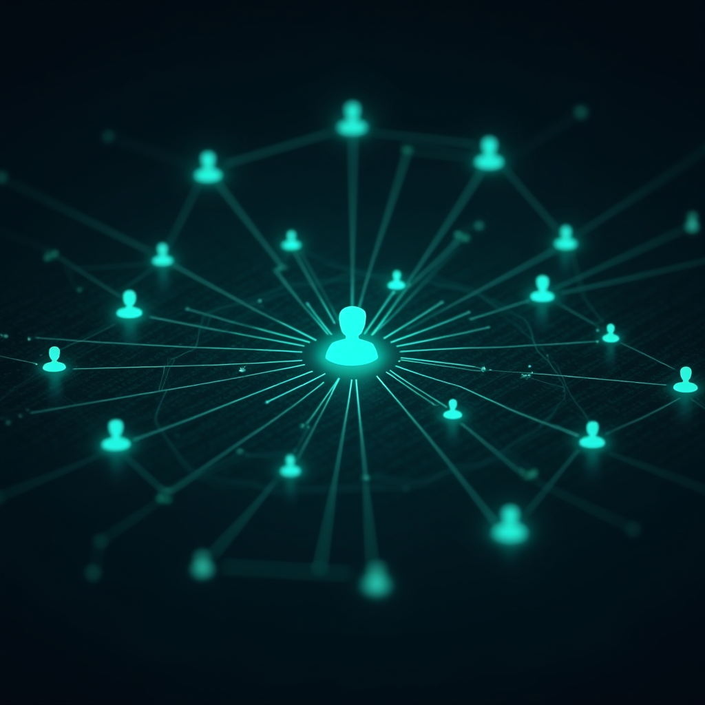 Network diagram showing interconnected gaming community members across different platforms - Steam, Reddit, Discord, and Twitter. Glowing teal connection lines between user nodes representing information flow and trust networks. Central hub showing most influential community voices.