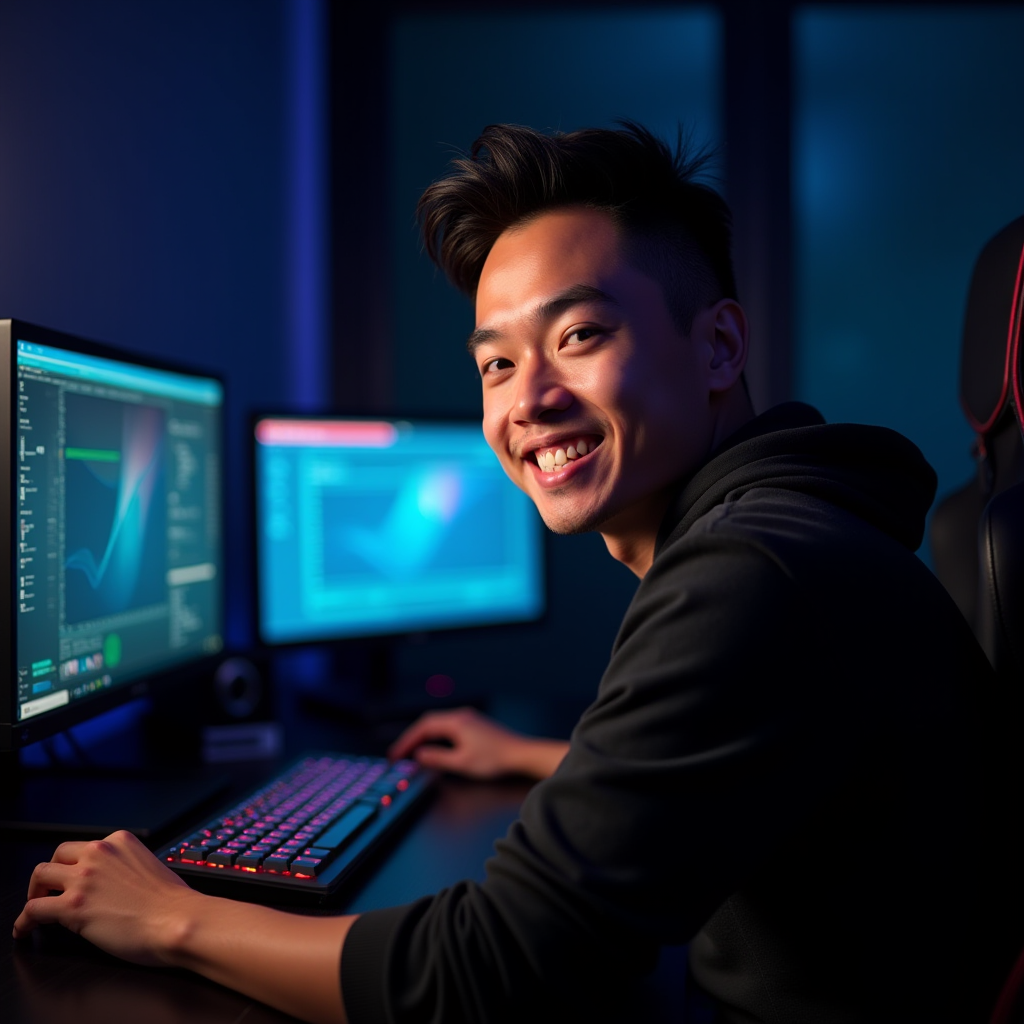 James Kim, data scientist and gaming enthusiast, casual photo in gaming setup with multiple monitors
