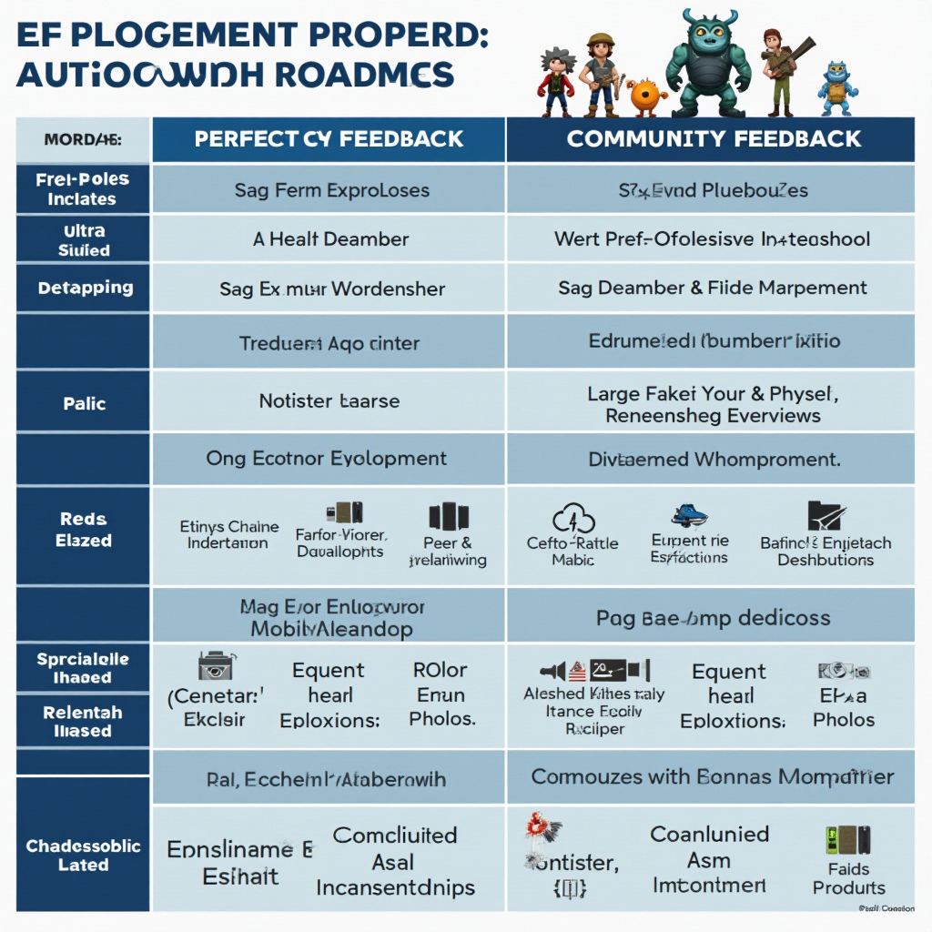 Visual representation of a game development roadmap showing planned updates and community feedback integration, illustrating the live service model and ongoing development approach