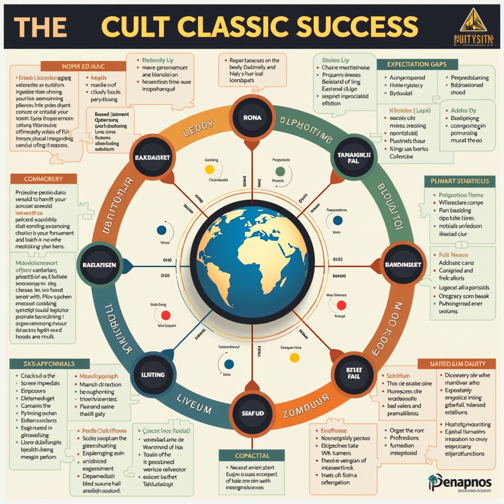 Final comprehensive infographic summarizing the cult classic success formula, showing the interconnected elements of expectation gaps, niche appeal, controversy, community formation, and long-tail success, with visual representations of each component and their relationships