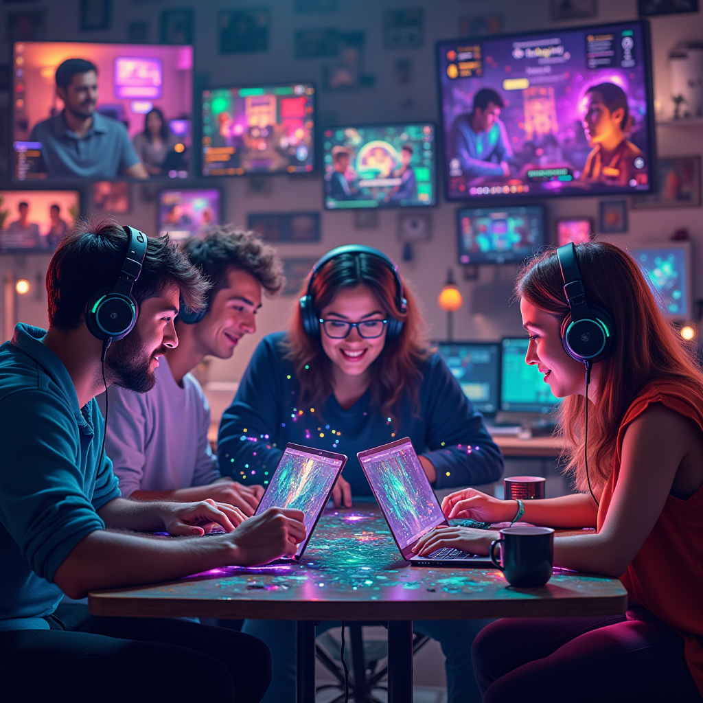 Vibrant collage of gaming community interactions showing players helping each other, sharing reviews, and building trust through authentic engagement across various platforms